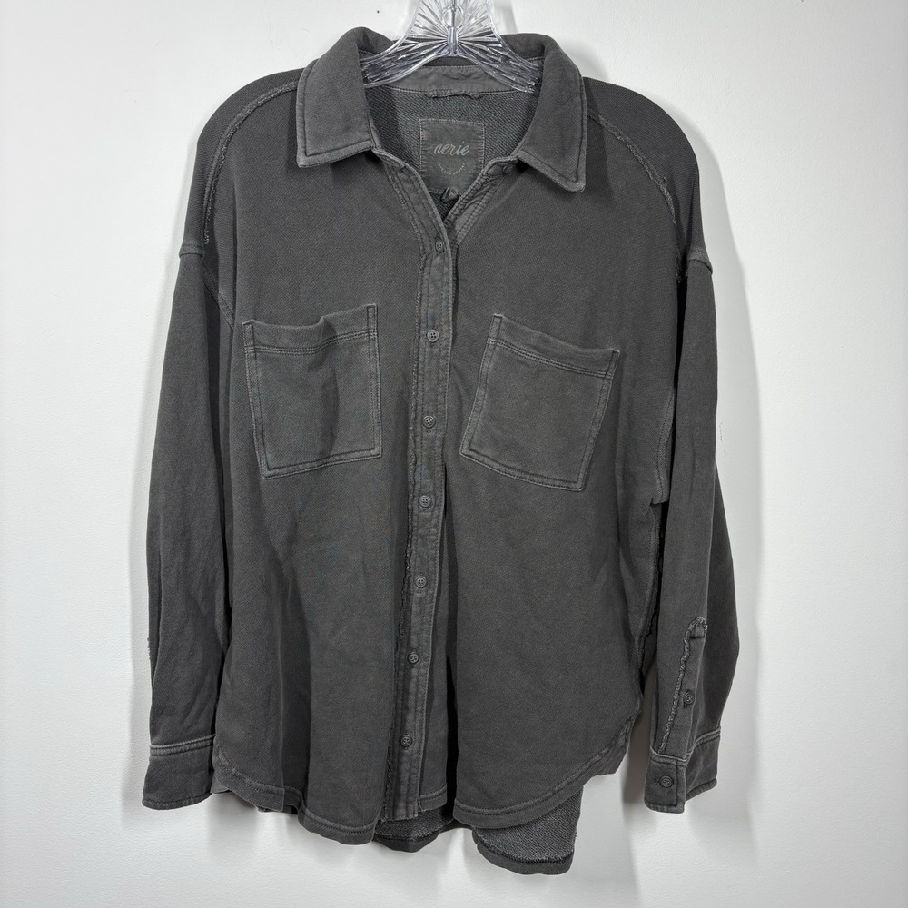 AERIE Lumberjane Shacket XXS Oversized Button Up Charcoal Sweatshirt Lounge Cozy